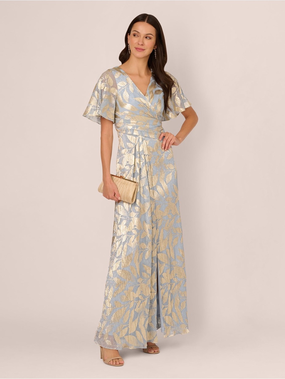 Adrianna Papell Size 18W Light Blue Gold Foil Floral Gown NWT GALA MOB Formal